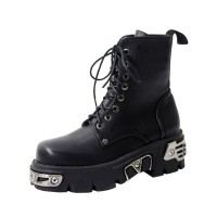 Round Toe Ankle High Lace Up Metal Decor Chunky Heels Platforms Punk Boots - Black