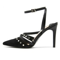 Pointed Toe Rivet Decorated Stiletto Heels Ankle Buckle Straps Sandals - Black