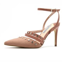 Pointed Toe Rivet Decorated Stiletto Heels Ankle Buckle Straps Sandals - Pink