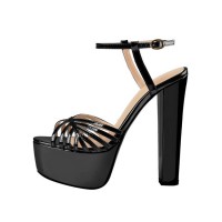 Chunky Heels Ankle Strap Platfom Patent Sandals - Black