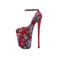 Round Toe Stiletto Heels Ankle Buckle Straps  Flowers Platforms Pumps - Red