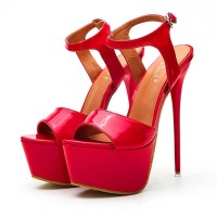 Peep Toe Platforms Ankle Buckle Straps Stiletto Heels Sandals - Red