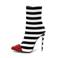 Halloween Cruella Beetlejuice Zebra Stripe Red Pointed Rivet Toe Stiletto 5 Inches Heels Booties