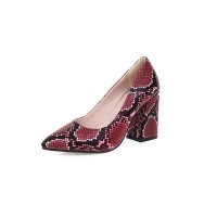 Chunky Heels Pointed Toe Snake Print Dress Pumps - Crimson Red