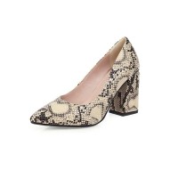 Chunky Heels Pointed Toe Snake Print Dress Pumps - Light Yellow