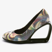 Round Toe Genuine Leather Wedges Heels Snake Print Pumps - Beige