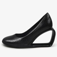 Round Toe Genuine Leather Wedges Heels Snake Print Pumps - Black