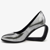 Round Toe Genuine Leather Wedges Heels Snake Print Pumps - Silver