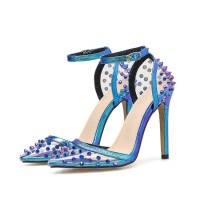 Ankle Straps Peep Toe Stiletto Heels Rivet Decorated Dorsay Pumps - Blue