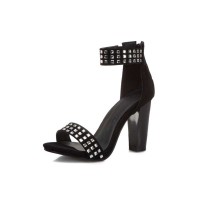 Rivet Decorated Chunky Heels Ankle Straps Zipper Sandals - Black