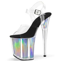Pee Toe Transparent Ankle Buckle Straps Clear Stiletto Platform Pole Sandals - SkyBlue PVC