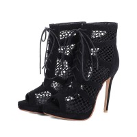 Peep Toe Stiletto Heels Ankle Lace Up Transparent Sandals - Black