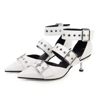 Pointed Toe Kitten Metal Heels Ankle Buckle Straps Rivets Punk Gothic Pumps - White Faux Leather