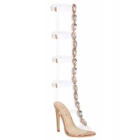 Peep Toe Gladiator Buckle Transparent T Straps Stiletto Heels Rhinestones Sandals - Gold PVC