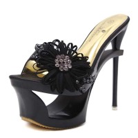 Peep Toe Stiletto Heels Mesh Rhinestones Floral Platforms Sandals Slippers - Olivine Satin