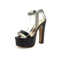 Peep Toe Chunky Cuban Heels Ankle Buckle Straps Rhinestones Platforms Pumps - Black