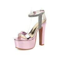 Peep Toe Chunky Cuban Heels Ankle Buckle Straps Rhinestones Platforms Pumps - Pink