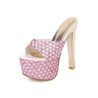 Peep Toe Rhinestones Chunky Heels Platforms Stars Decorated Sandals - Pink
