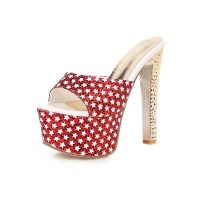 Peep Toe Rhinestones Chunky Heels Platforms Stars Decorated Sandals - Red
