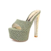 Peep Toe Block Heels Flock Platforms Slippers Sandals - Army Green