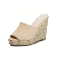 Peep Toe Knitted Straw Wedges Flock Suede Sandal  - Beige