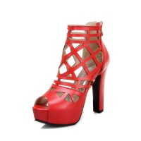 Cuban Heels Cut-Out Platform Spring Ankle Booties with Back Zipper - Red