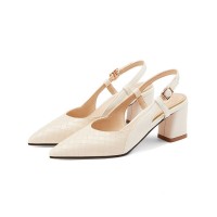 Pointed Toe Block Chunky Heels Ankle Buckle Straps Sandals - Beige