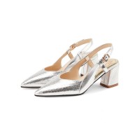 Pointed Toe Block Chunky Heels Ankle Buckle Straps Sandals - Silver