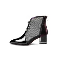 Pointed Toe Low Chunky Heels Transparent Ankle Shoes - Wine Red