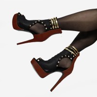 Stiletto Heel Peep Toe Rivet Mesh Net Big Sizes Booties with Zipper - Brown