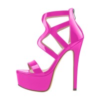 Peep Toe Stiletto Heels Cut Out Straps Back Zipper Platforms Sandals - Hot Pink