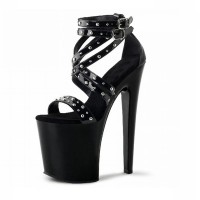 Peep Toe Ankle Buckle Cross Straps Rivet Decorated Platforms Stiletto Punk Gothic Pumps Sandals - Black