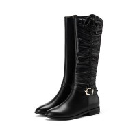 Knee High Side Zipper Buckle Strap Pretty Rider Boots - Black