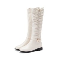 Knee High Side Zipper Buckle Strap Pretty Rider Boots - White