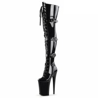 Round Toe Platforms Stiletto Heels Over The Knees Lace Up Buckle Straps Pumps Boots - Black