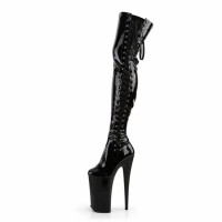 Round Toe Platforms Stiletto Heels Over The Knees Side Lace Up Pumps Boots - Black