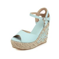 Peep Toe Knitted Straw Flower Wedges Ankle Buckle Straps Sandal  - Light Blue