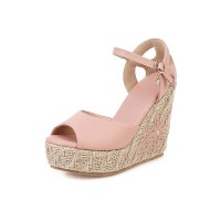 Peep Toe Knitted Straw Flower Wedges Ankle Buckle Straps Sandal  - Pink
