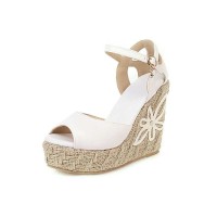 Peep Toe Knitted Straw Flower Wedges Ankle Buckle Straps Sandal  - White