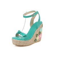 Peep Toe Knitted Straw Flowers Wedges Ankle Buckle Straps Sandal  - Turquoise