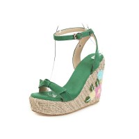 Peep Toe Knitted Straw Flowers Wedges Ankle Buckle Straps Sandal  - Green