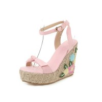 Peep Toe Knitted Straw Flowers Wedges Ankle Buckle Straps Sandal  - Pink