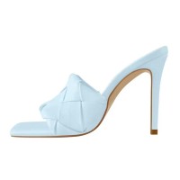 Square Open Toe Stiletto Heels Elegant Sandals - LightBlue Faux Leather