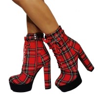 Chunky Heels Plaid Lace Up Round Toe Booties with Ankle Strap - Red