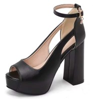 Peep Toe Ankle Buckle Straps Chunky Heels Platforms Pumps - Black Faux