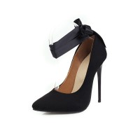 Pointed Toe Stiletto Heels Ankle Ribbon Straps Suede Pumps  - Black