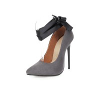 Pointed Toe Stiletto Heels Ankle Ribbon Straps Suede Pumps  - Gray
