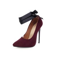 Pointed Toe Stiletto Heels Ankle Ribbon Straps Suede Pumps  - Red