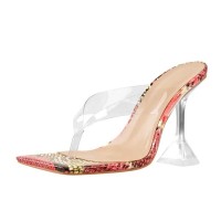 Open Square Toe Kitten Heel Slip On Transparent Clear Snake Print Summer Sandals - Red PVC