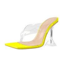 Open Square Toe Kitten Heel Slip On Transparent Clear Summer Sandals - Yellow PVC